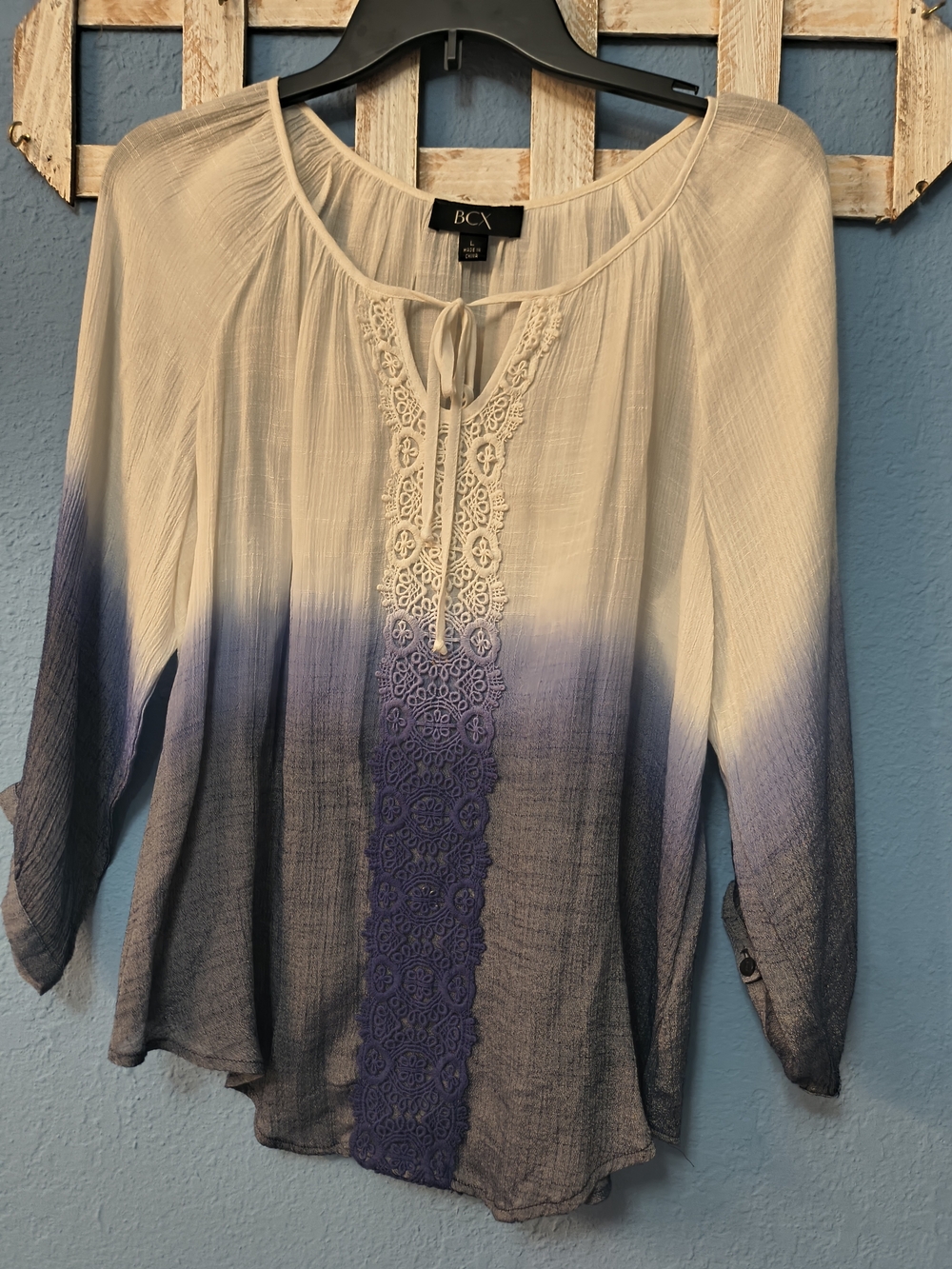 BCX Cream to Purple Ombre Lace-Front Peasant Blouse